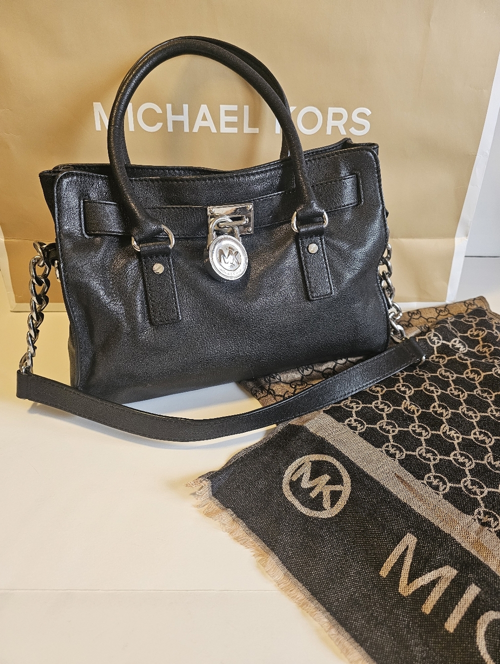 Michael Kors Black Leather Satchel With Silver Hardware End Chain Strap